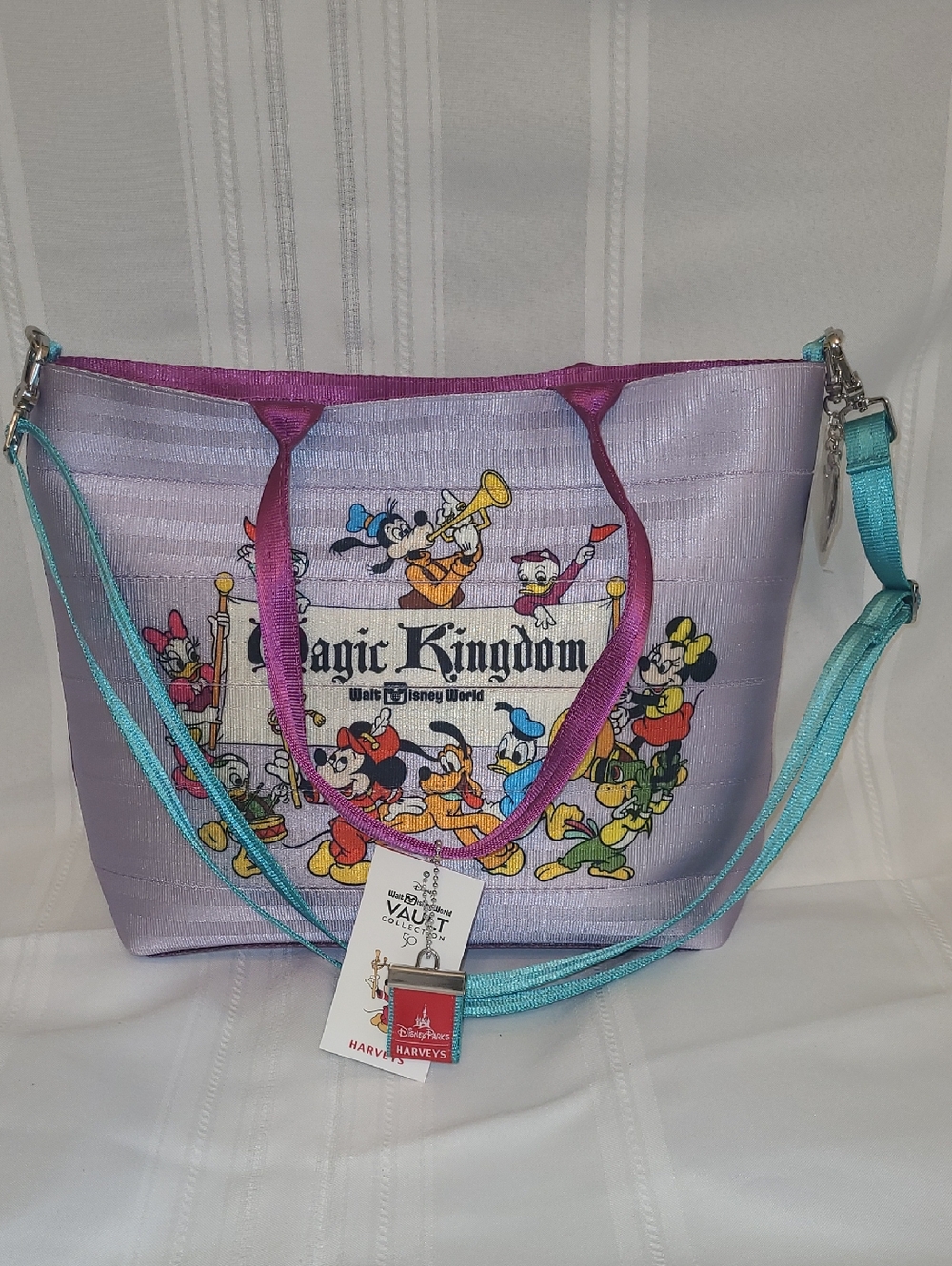 Harveys Lavender Magic Kingdom Tote with Teal Strap and Magenta Handles